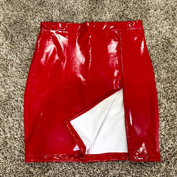 NWOT Y2K Red PU Skirt High Slit Punk Metal Fetish Dolls Kill Mini Stretch Sexy L - Picture 9 of 12